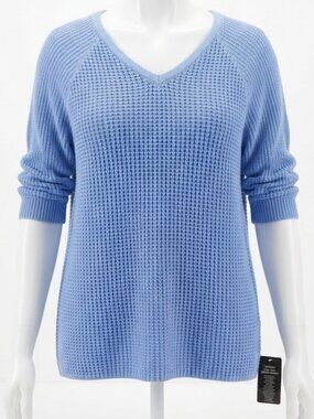 Catherines Light Blue V-Neck Waffle Knit Sweater (Plus Size 2X)